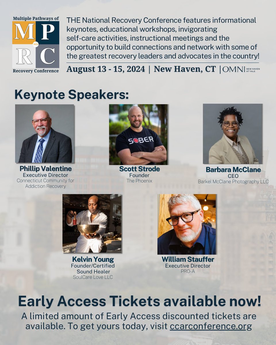 We are proud to announce the Keynote Speakers for this summer's Multiple Pathways of Recovery Conference at the Omni New Haven Hotel at Yale, August 13-15! Limited Early Access Discounted Tickets are still available through this week-ccarconference.org/event-details/…