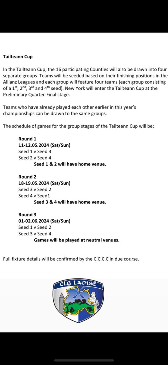 The draw for the 2024 Tailteann Cup takes place tomorrow, Tuesday April 30th at 3pm. Broadcast details for the draw and schedule for the group games provided below.