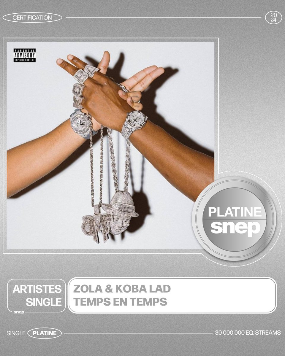 Le titre « Temps en temps » de Zola & Koba LaD est certifié Single Platine ! 💿 30 000 000 équivalents streams 🎧 Bravo ! 👏