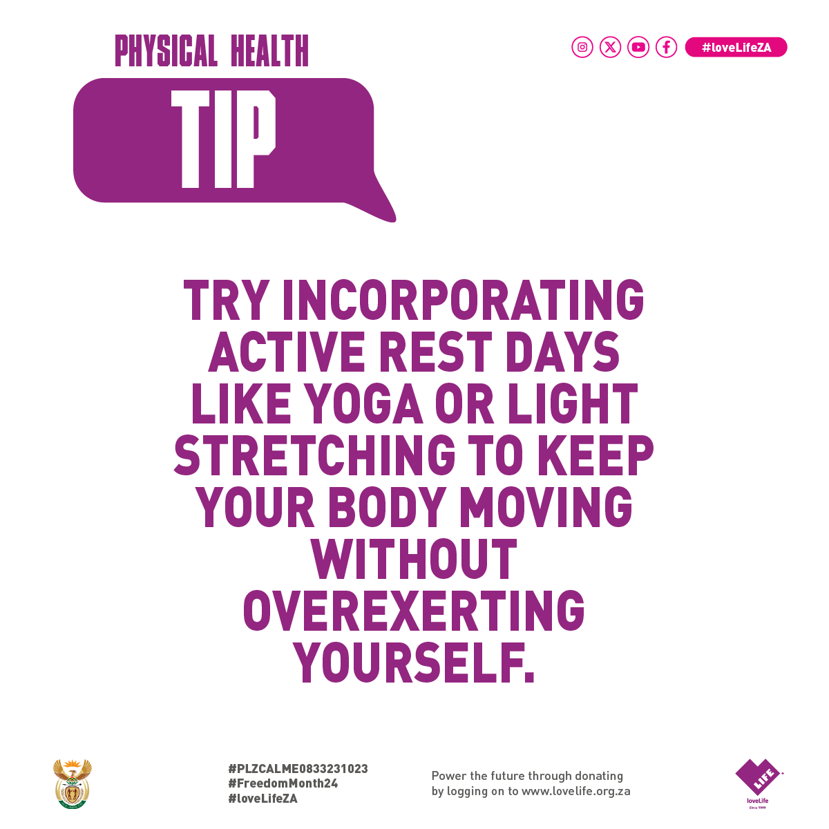 Let's talk about physical health a little.💬 It’s important to have a healthy mind, a healthy body is also crucial. 🤞🏾 Here's a myth, fact, and tip regarding your physical health. 🤓📝🙌🏾💟 What physical activity brings you the most joy and why? 💭 #loveLifeZA #PLZCALME0833231023