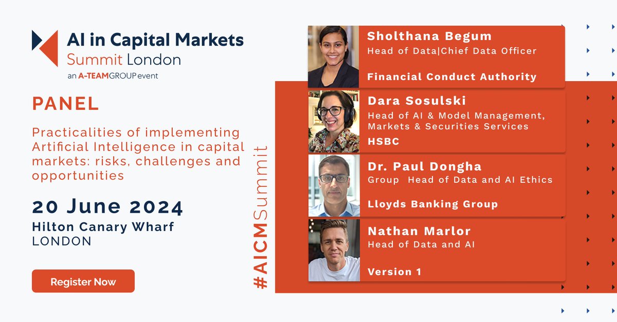 Join us at #AICMSummit on 20 June for this panel discussion on the practicalities of implementing Artificial Intelligence in capital markets; with speakers from @thefca @hsbc @LBGplc & @version1

Register: a-teaminsight.pulse.ly/seqpyns3ds

#AICMSummit #AI #capitalmarkets #AIethics