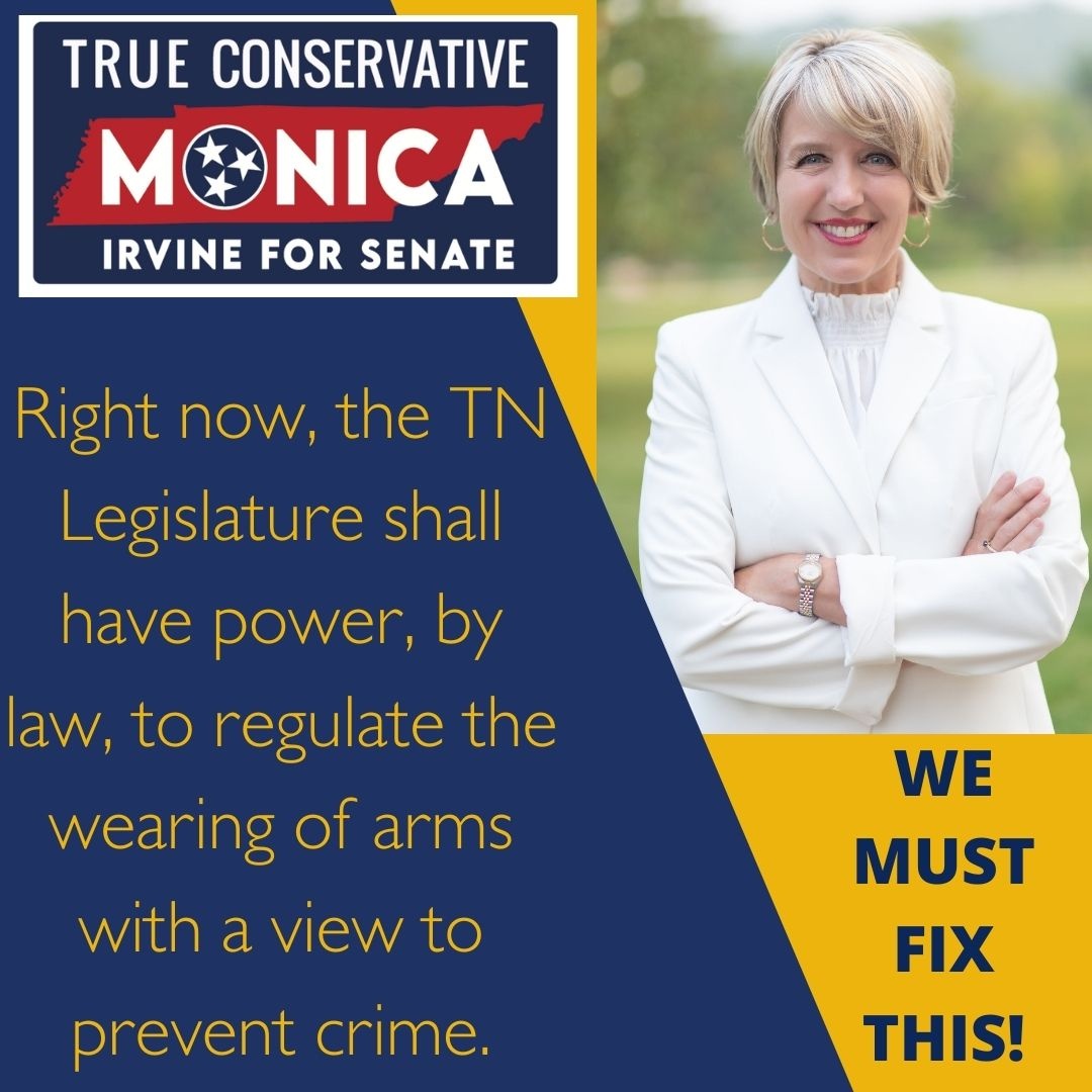 Friend - We have a problem.  In my opinion, the State Legislature does not have any rights to govern a man's #righttobeararms without infringement.  We must fix this!
#monicairvine #monicafortennessee #monicaforTN   #tnconservative #tnsenate  #knoxvillepolitics #2ndamendment