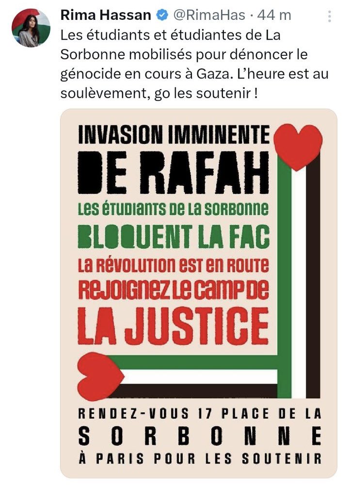 Allô @GDarmanin @E_DupondM,

Pourriez-vous procéder à l’arrestation de cette Palestinienne qui appelle à la sédition et fout le bordel dans nos universités ?

Elle veut la paix à #Gaza en appelant à la guerre en France !

#RimaHamas
#Sorbonne
#SciencesPo
#SciencesPoParis