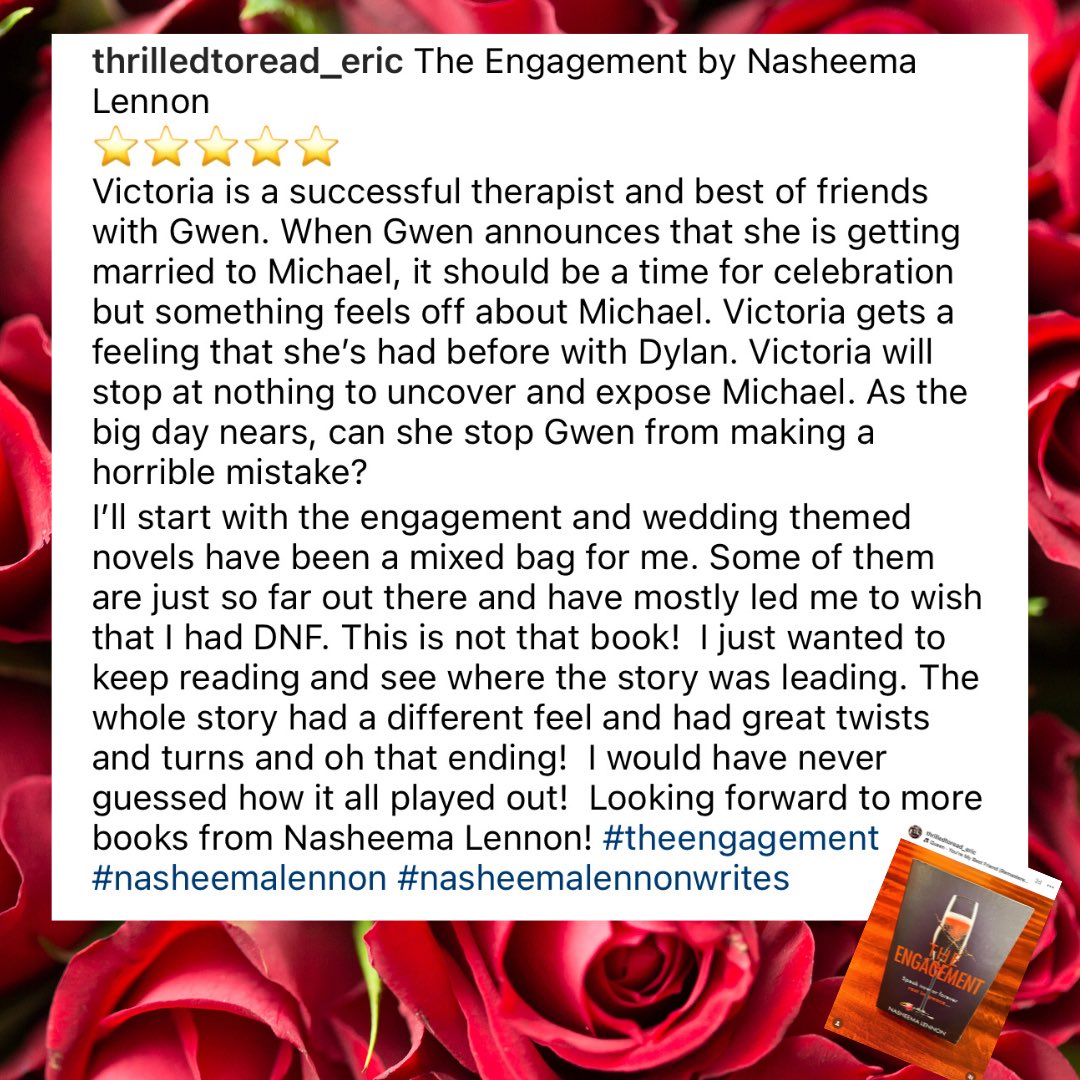 ⭐️⭐️⭐️⭐️⭐️It’s always such a boost to read fantastic reviews! 

Thank you to this reviewer on Insta for this brilliant review of my psychological thriller - The Engagement 🥂💍

#BooksWorthReading