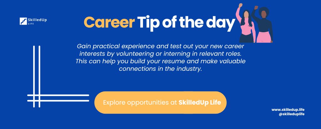 Career Tip ✅ Gain practical experience and test out your new career interests by volunteering or interning in relevant roles. This can help you build your resume and make valuable connections in the industry. skilledup.life/sign/ #CareerTip #SkilledUpLife