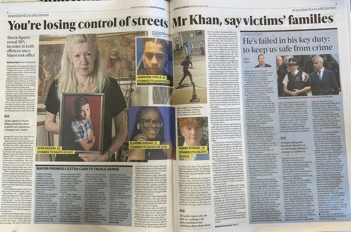 Looks like the Evening Standard, whose owner was ennobled by Boris Johnson, is about to endorse the Conservative candidate for London mayor, Susan Hall. Big front page splash attacking Khan on crime, plus multiple anti-Khan pieces, including from Johnson's former comms director