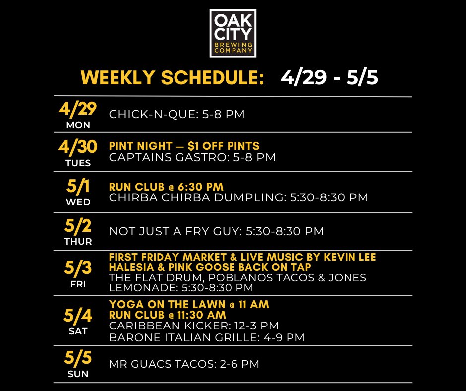 The schedule for the week, cheers! 🍻
.
𝗗𝗼𝗻'𝘁 𝗺𝗶𝘀𝘀 𝗼𝘂𝘁: 
- May First Friday w/ live music, food trucks & local vendors this Friday from 5:30-8:30 PM!🛍️🎶🍻
- Yoga on the Lawn, sign up: bit.ly/3y10nE0
.
#OakCityBrews #knightdale #raleigh #firstfriday #livemusic