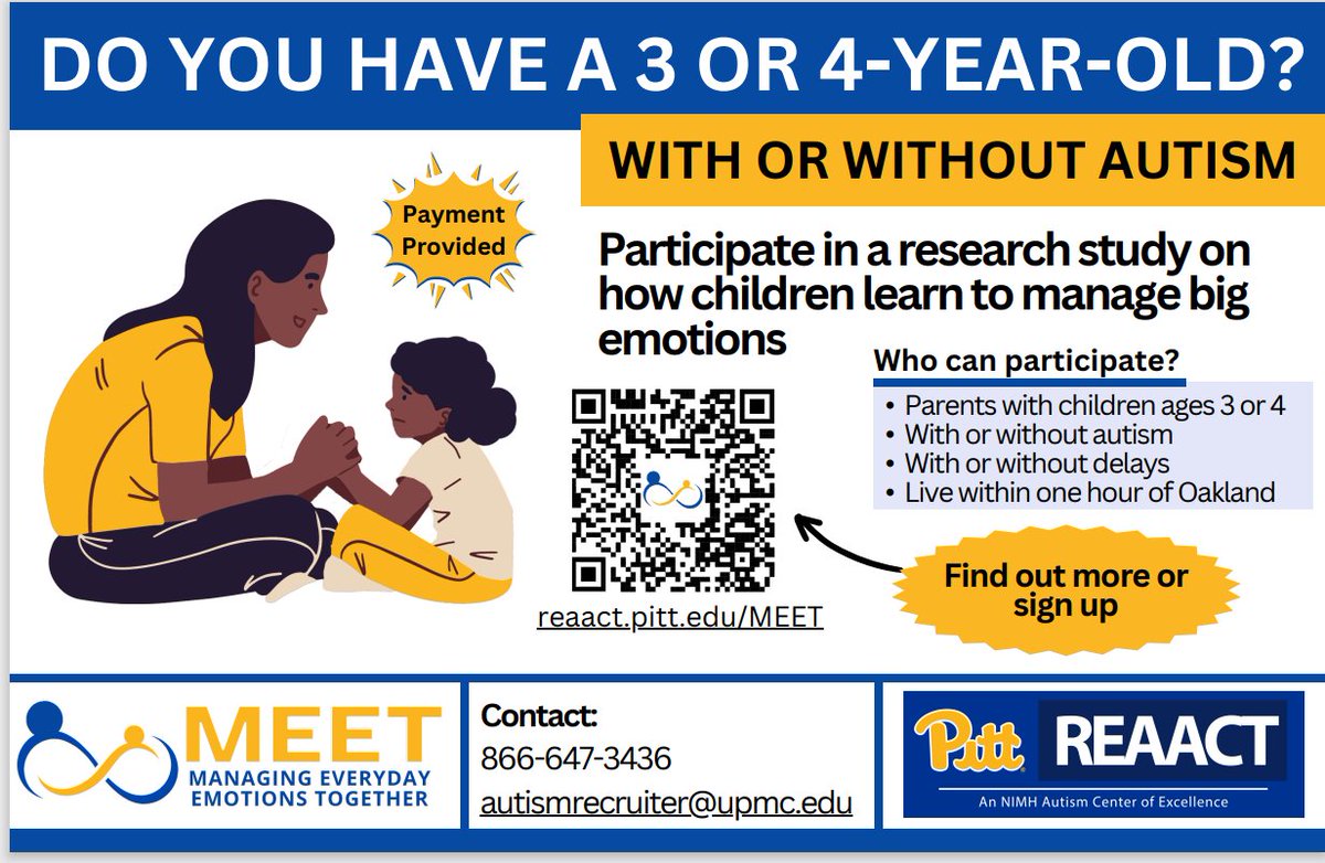 We are currently recruiting 3 and 4-year-olds for our MEET (Managing Everday Emotions Together) study! Learn more about MEET and sign up for more information: reaact.pitt.edu/MEET