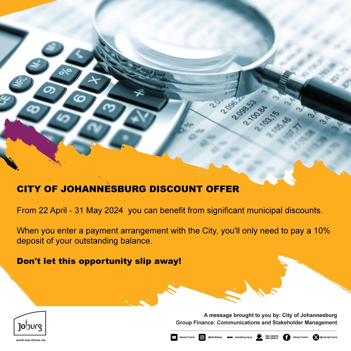 Customers can visit their nearest regional Customer Service Centre to take advantage of this opportunity or may contact the City’s Credit Control Department by emailing them on creditcontrol@joburg.org.za #PayYourCoJBill #JoburgCares #JoburgCrControl ^KS