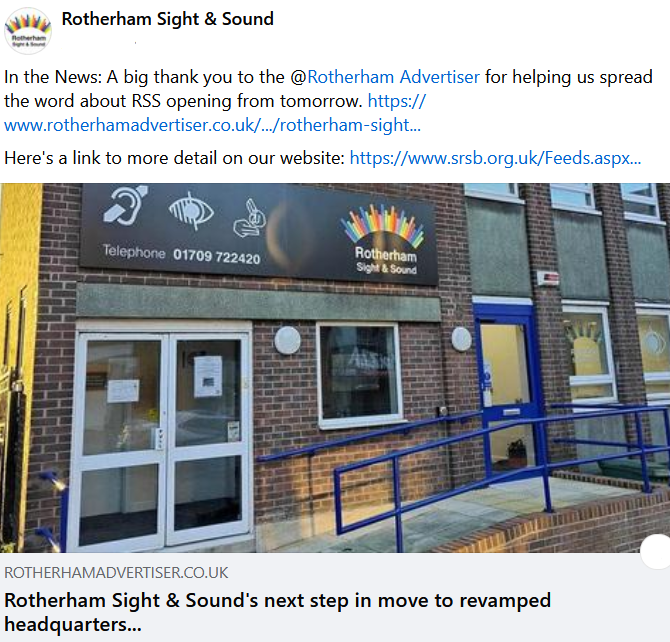 GREAT News: Rotherham Sight & Sound are BACK, Up & Running and OPEN 

LINK to more detail on their website: srsb.org.uk/Our-Services/R…

#SightLoss #sight #hearingloss #hearinglossawareness #sightlossawareness