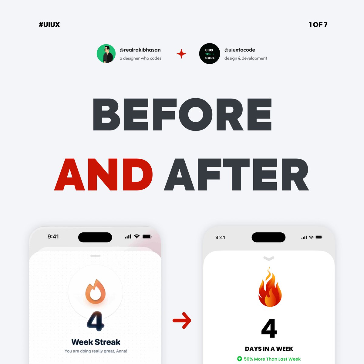 Before and after implementing the UX into an existing design!

Say Hello 👋 
zaap.bio/realrakibhasan

Stay tuned for more design related resources 🤝

#ui #ux #uxdesign #uidesign #learnui #learnux  #redesignchallenge #realrakibhasan #uiuxtocode