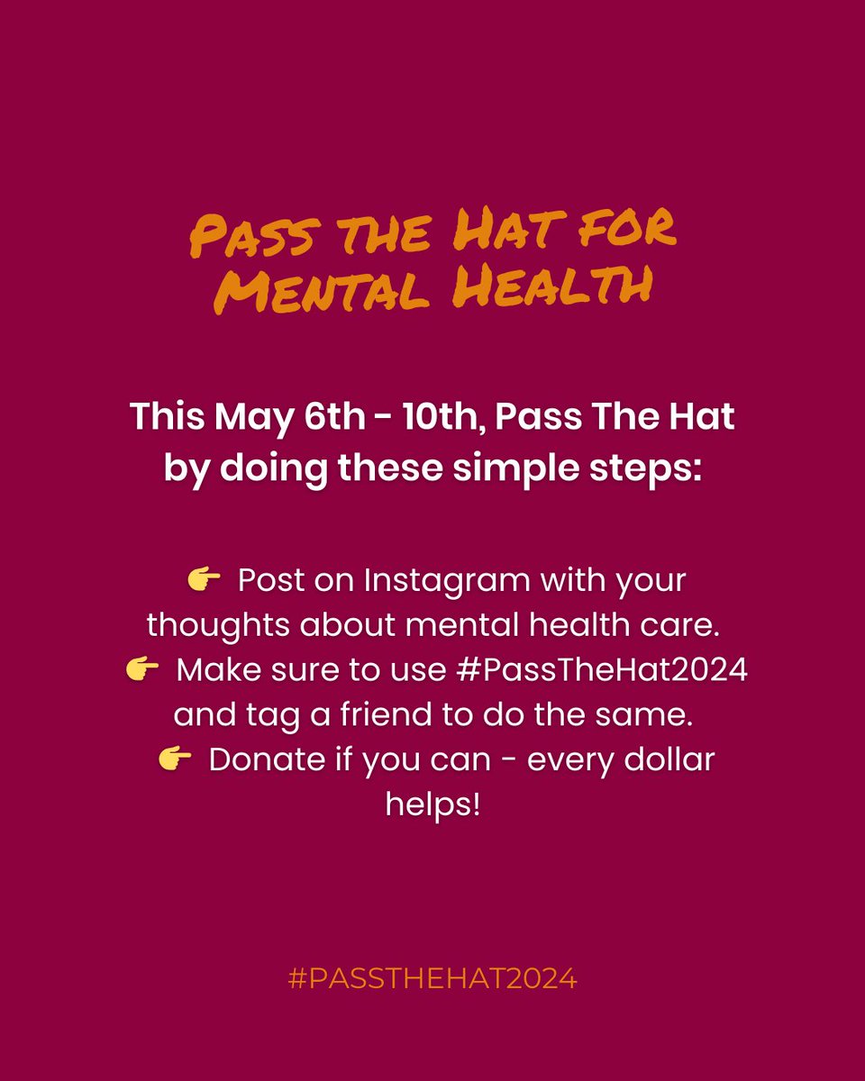 Youth have faced the greatest decline in mental health since the pandemic. That’s why we’re Passing The Hat May 6-10! 🎩 Wear any hat, then simply: 👉️ Post your thoughts about mental health 👉️ Use #PassTheHat2024 and tag a friend 👉️ Make a donation if you can