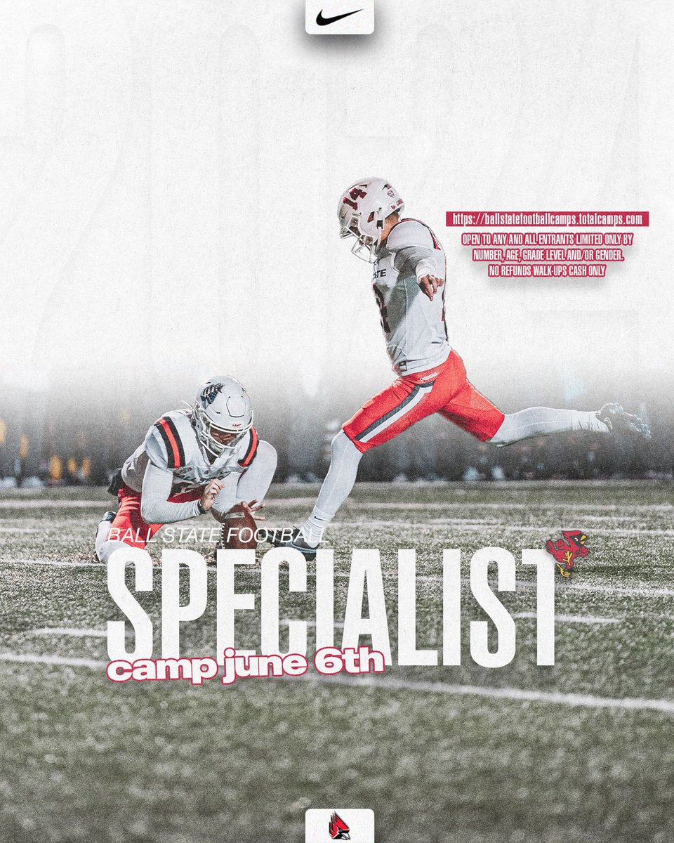 🚨 Ball State Football Specialist Camp 🚨 📅: Thursday, June 6th ⏰: 5:00 PM - 7:00 PM (4:00 PM CHECK IN) 🔗👇 ballstatefootballcamps.totalcamps.com