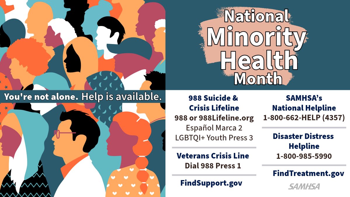 samhsagov's tweet photo. April is National #MinorityHealthMonth
If you or someone you know is struggling with mental health or substance use, help is available in English, Spanish, and other languages. #NMHM
💗 Help yourself & share to help others: https://t.co/jTAO1Q7SjI https://t.co/zjazkfg7Xh