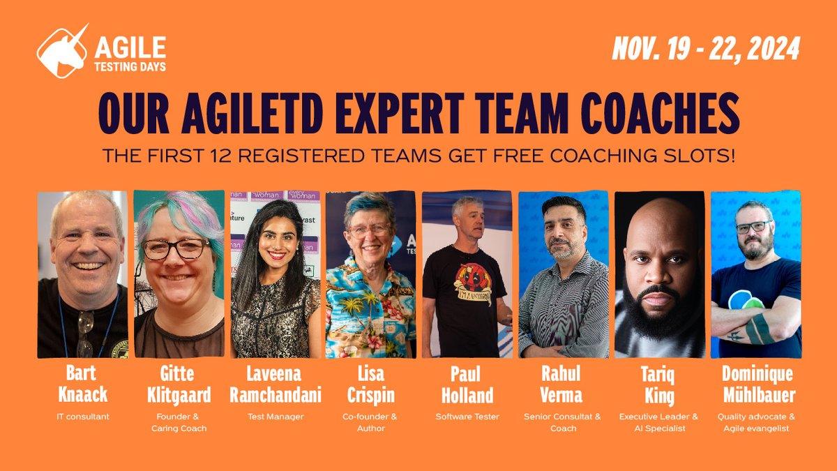 Elevate your team at AgileTD 2024 with our exclusive team coaching. 
Engage in personalized sessions with renowned speakers and experts in #AI, # Accessibility, #testautomation, #DevOps, #psychologicalsafety, and more.
More info here: bit.ly/49hKx4W