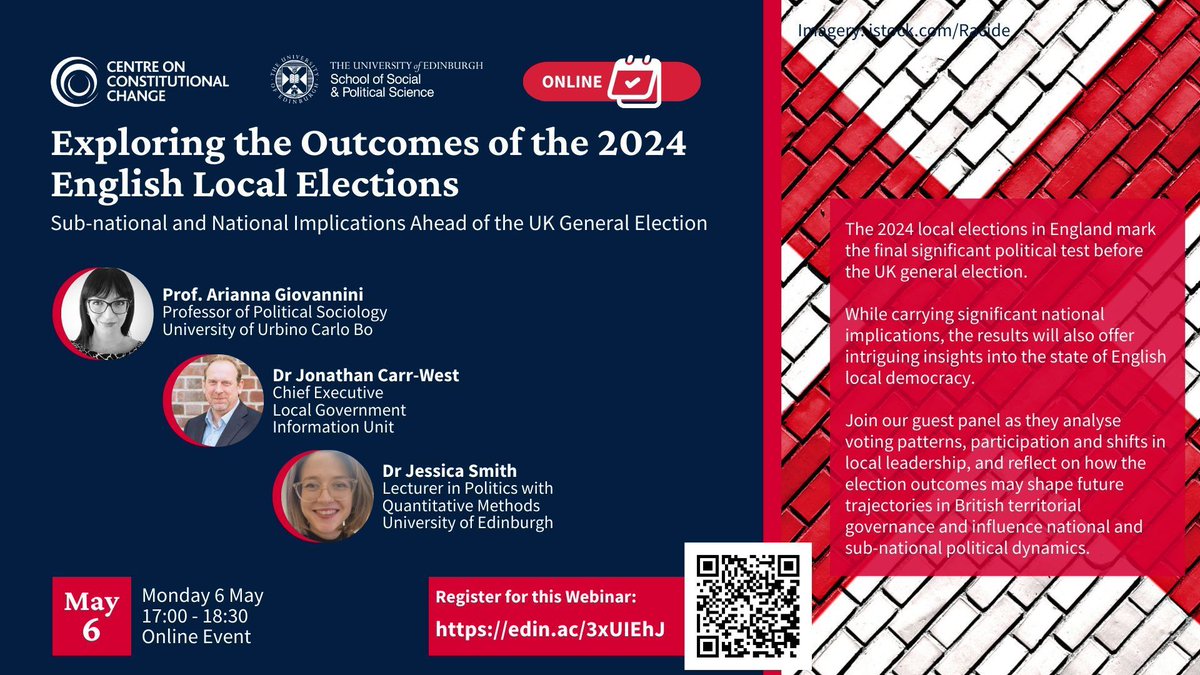 Exploring the Outcomes of the 2024 English Local Elections Monday 6 May 17:00 - 18:30 Online Register: buff.ly/4dkYtOQ Join our panel of @Jess_Smith1534, @AriannaGi and @joncarrwest as they analyse the outcomes of the Local Elections ahead of the UK General Election.