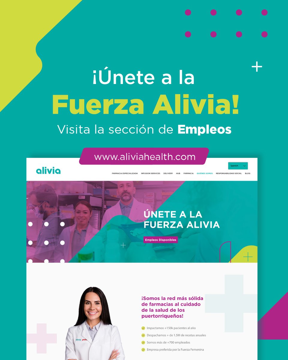 AliviaNetwork's tweet image. ¡Únete a la red más sólida de farmacias al cuidado de la salud de los puertorriqueños! 

Conoce los empleos disponibles: 
👉🏻 empleos.aliviahealth.com
 
#aliviahealth 
#empleos  #nowhiring
#fuerzaalivia