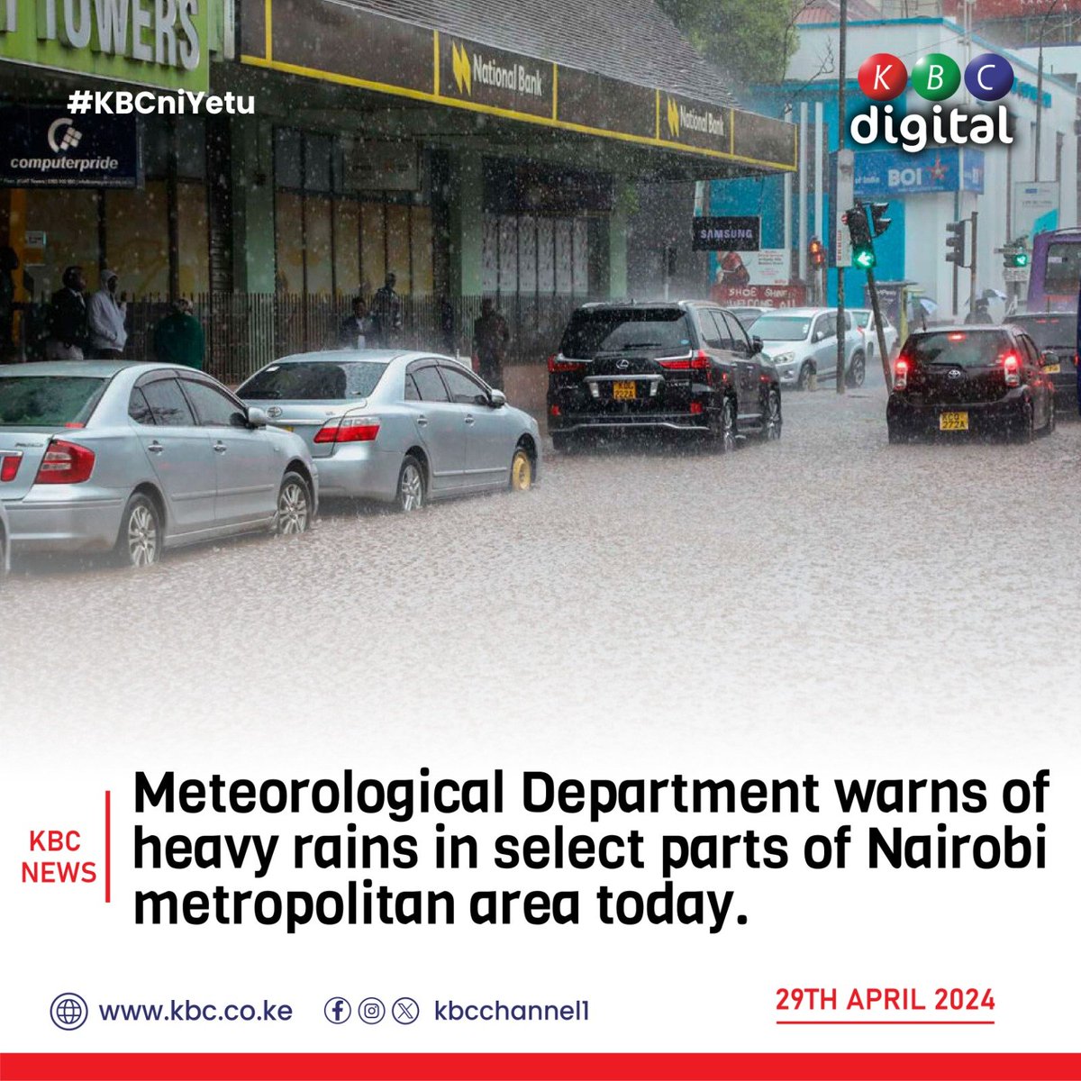 Meteorological Department warns of heavy rains in select parts of Nairobi metropolitan area today. #KBCniYetu^EM