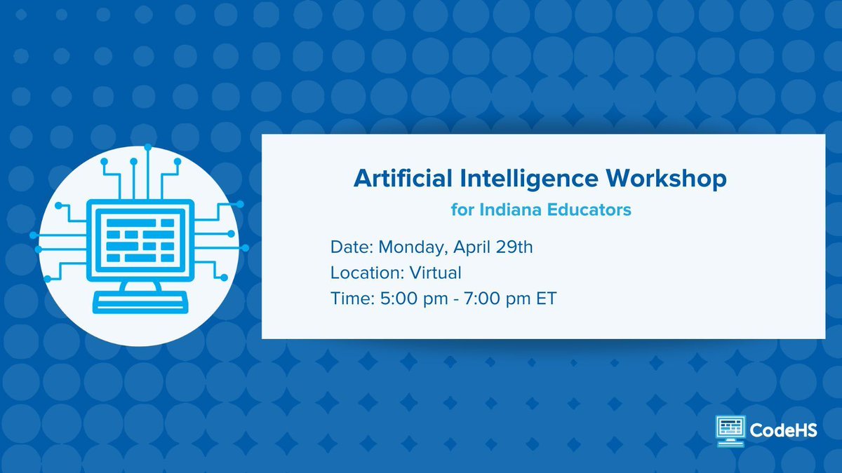 Indiana teachers, don't miss out on a free #AI workshop this evening hosted by CodeHS in partnership with @EducateIN. RSVP today and learn how to level up your AI knowledge: buff.ly/3hM5blS @IndianaCSTA @iceindiana @ISTAmembers