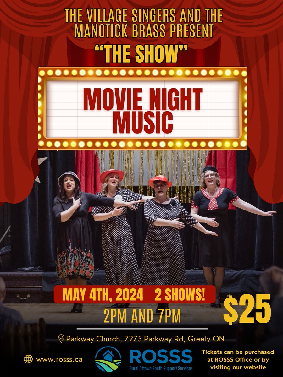The only thing that has changed is the name!

The Show (formerly known as the Manotick Musicale) is the same event you know and love: a night of live music, singing and all your favorite songs from the movies! Get your tickets before they're gone! rb.gy/tje95p