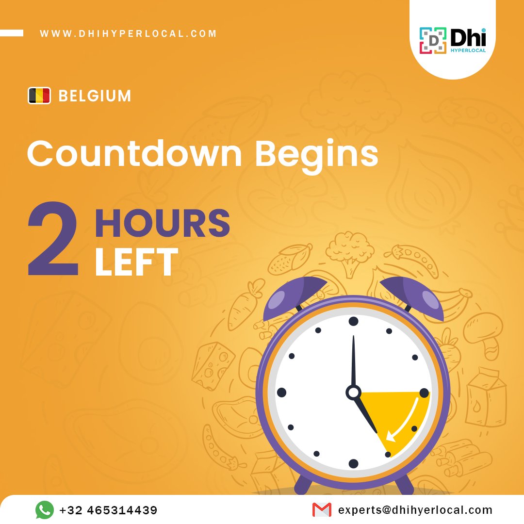 ⏳ Countdown Begins Only 2 Hours Left! ⏳

⏰ Tick-tock! Only 2 hours left until the big reveal!  Get ready to be amazed! Tune in at 5 PM to catch all the excitement!

#Countdown #ExcitementBuilding #StayTuned #Belgium #HyperlocalApps #DhiHyperlocal #GroceryStores  #SellWithDhi