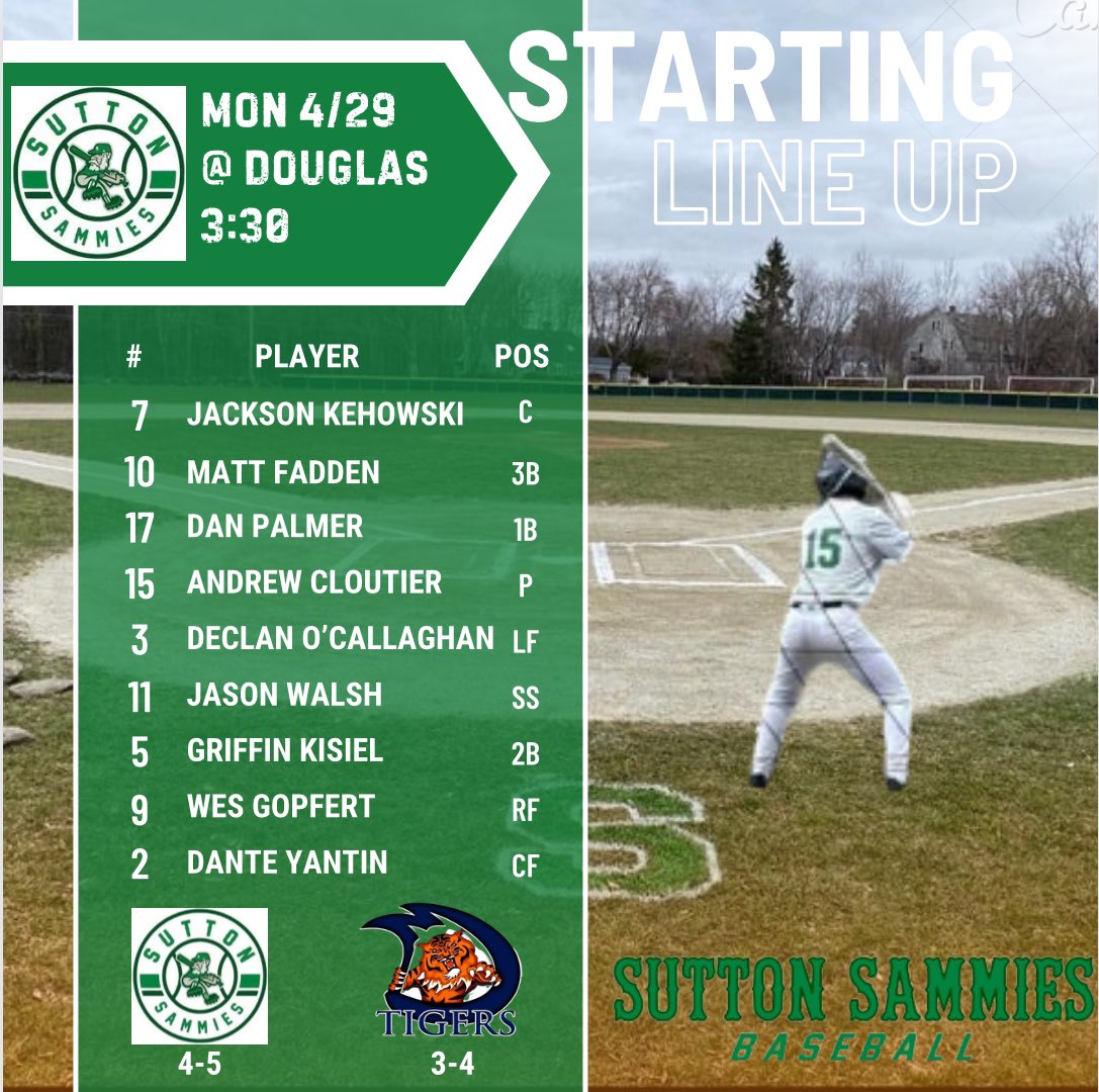 SAMMIES GAMEDAY
Game 10: Sutton (4-5) @ Douglas (3-4)
First pitch from Soldier’s Field @ 3:30