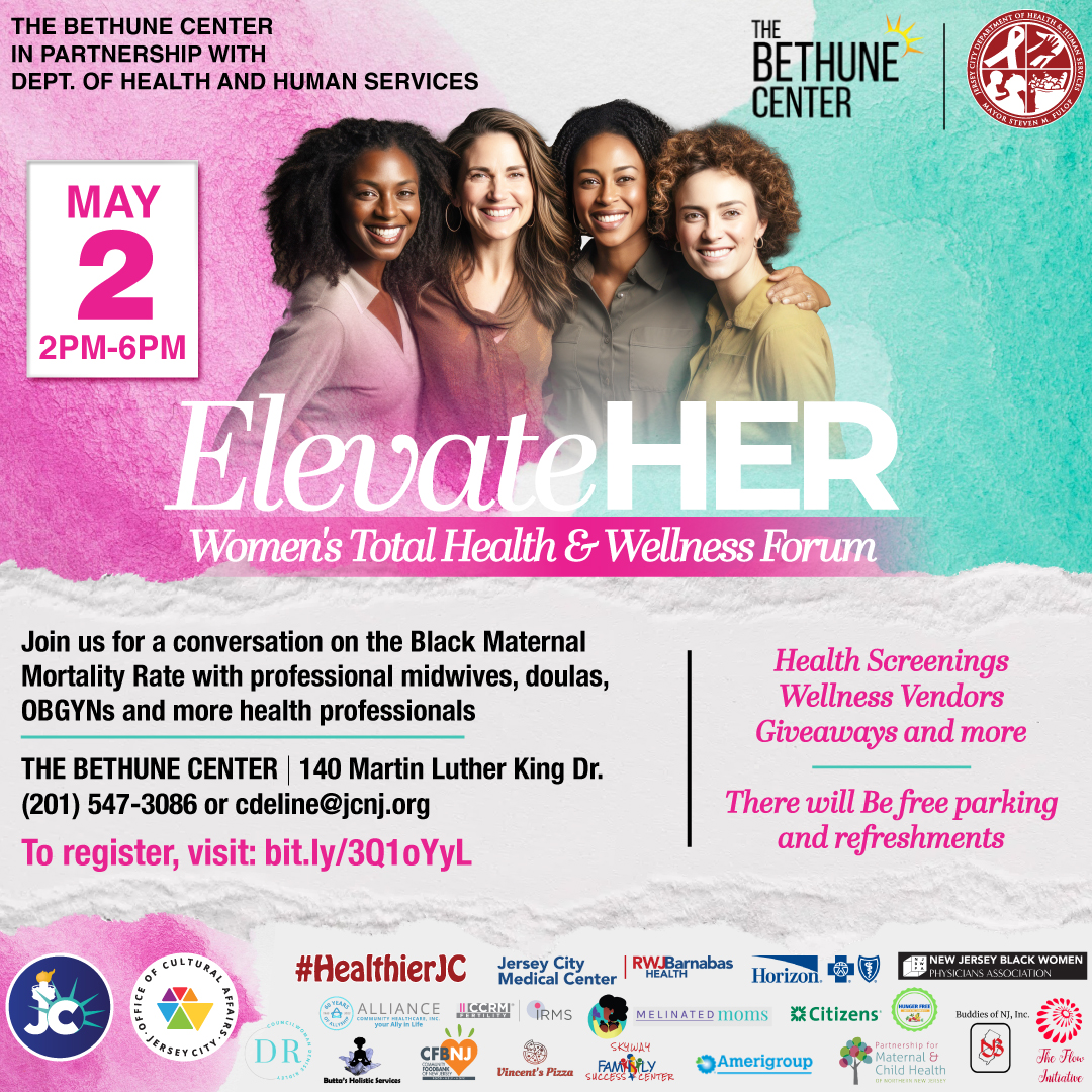 Join us on Thursday, May 2nd at 2 p.m. for a joint conversation on Black Maternal Mortality Rate with professional midwives, doulas, OBGYNs & more health professionals at The Bethune Center. Let's work together for a healthier community! #HealthierJC @jerseycity