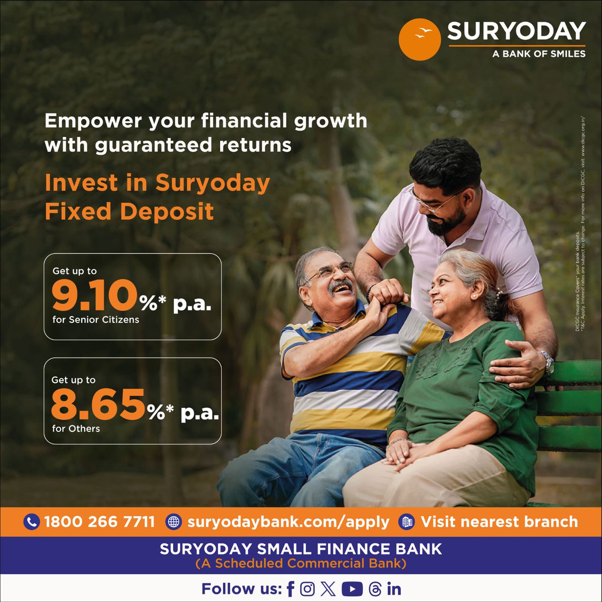 Get guaranteed and risk-free returns on your Suryoday Fixed Deposit. Earn interest of up to 9.10%* p.a. for senior citizens and up to 8.65%* p.a. for others.
To apply, visit suryodaybank.com/apply
#fixeddeposit #deposit #investments #financialplanning #suryodaybank #bankofsmiles