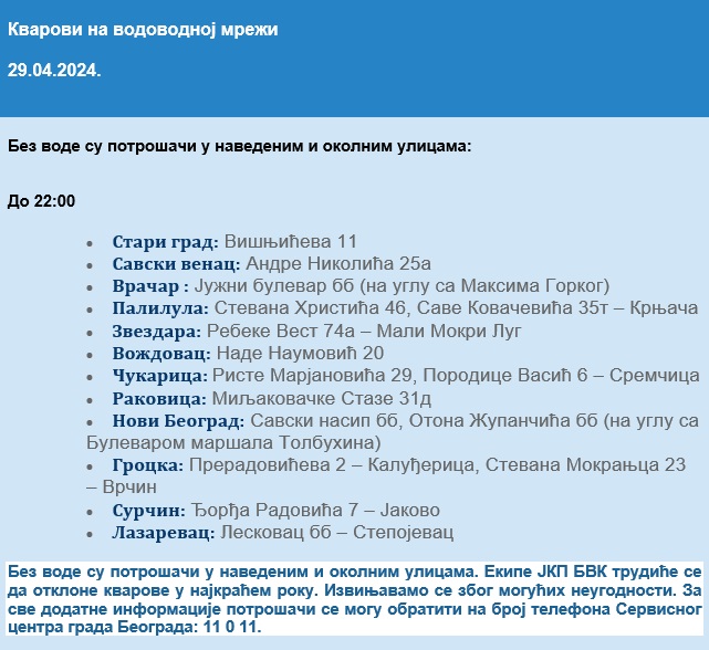 🚰Кварови на водоводној мрежи (29.04.2024. године до 22.00 сата)