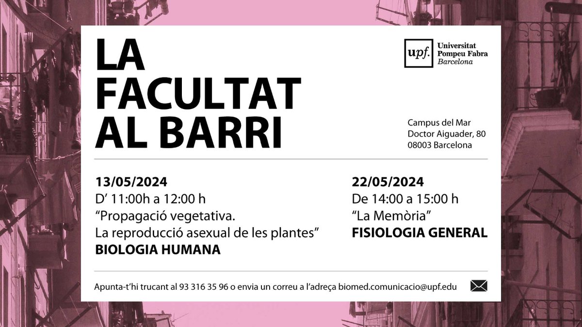 📢 La Facultat al Barri et convida a explorar sobre 🌿 “Propagació vegetativa. La reproducció asexual de les plantes” 🪴en #CampusMar de la @UPFBarcelona.

📅 Dilluns 13 de maig
⏰11.00 a 12.00 h.

✉️ Apunta-t'hi enviant un correu a biomed.comunicacio@upf.edu