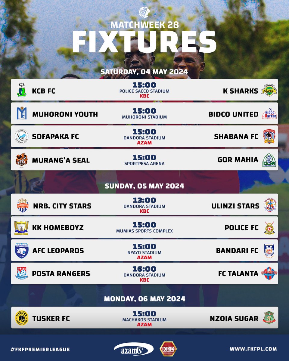 Fixtures for Matchweek 28
 Saturday Tuko Dandora Stadium 
Then Sunday Nyayo for @BandariOfficial
#FKFPremierLeague
#FootballKE