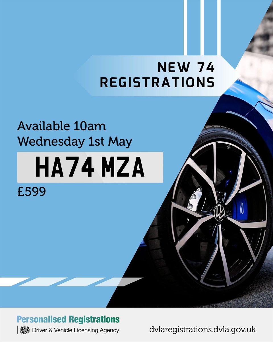 Check out this amazing registration!

The 74 series of registrations is now available for viewing! 📣

They will be available to buy from 10am tomorrow 📆

Find your favourite here 👉ow.ly/KRqF50Rn9Oz

#MyDVLAReg #MakeItPersonal #DVLARegistrations