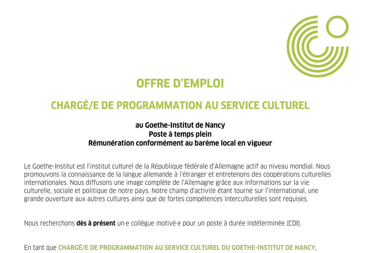 [OFFRE D'#EMPLOI 🇫🇷🇩🇪] Le Goethe-Institut de #Nancy recrute! ▪️ chargé/e de programmation au service culturel ▪️ en CDI 👉 t1p.de/9sypt