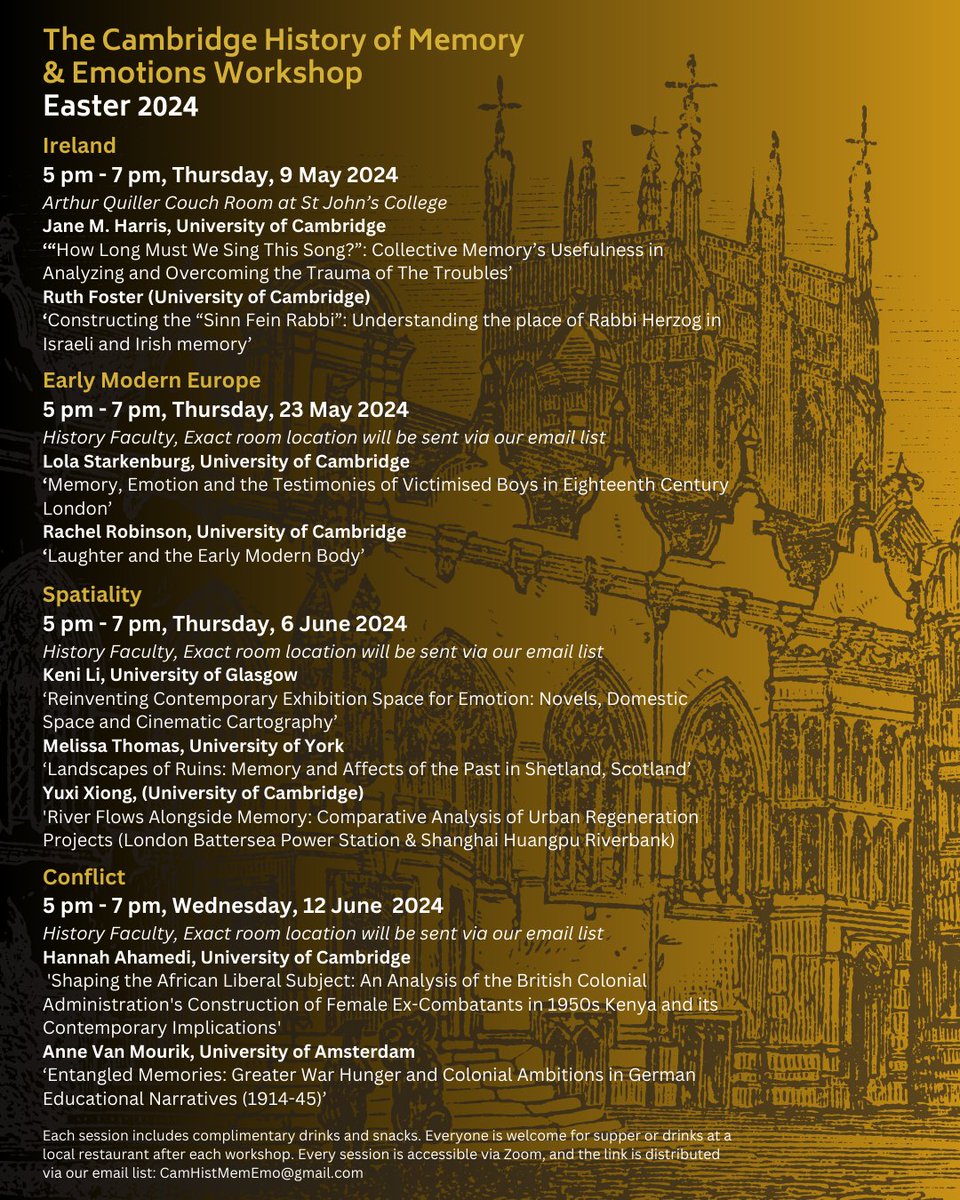 Thrilled to share with you our Easter Term Card. We'll have papers exploring Memory and Emotions in Ireland, Early Modern Europe, Spatiality, and Conflict. You can attend in-person or online. Join us in Cambridge for the forefront of emerging scholarship on memory and emotions!