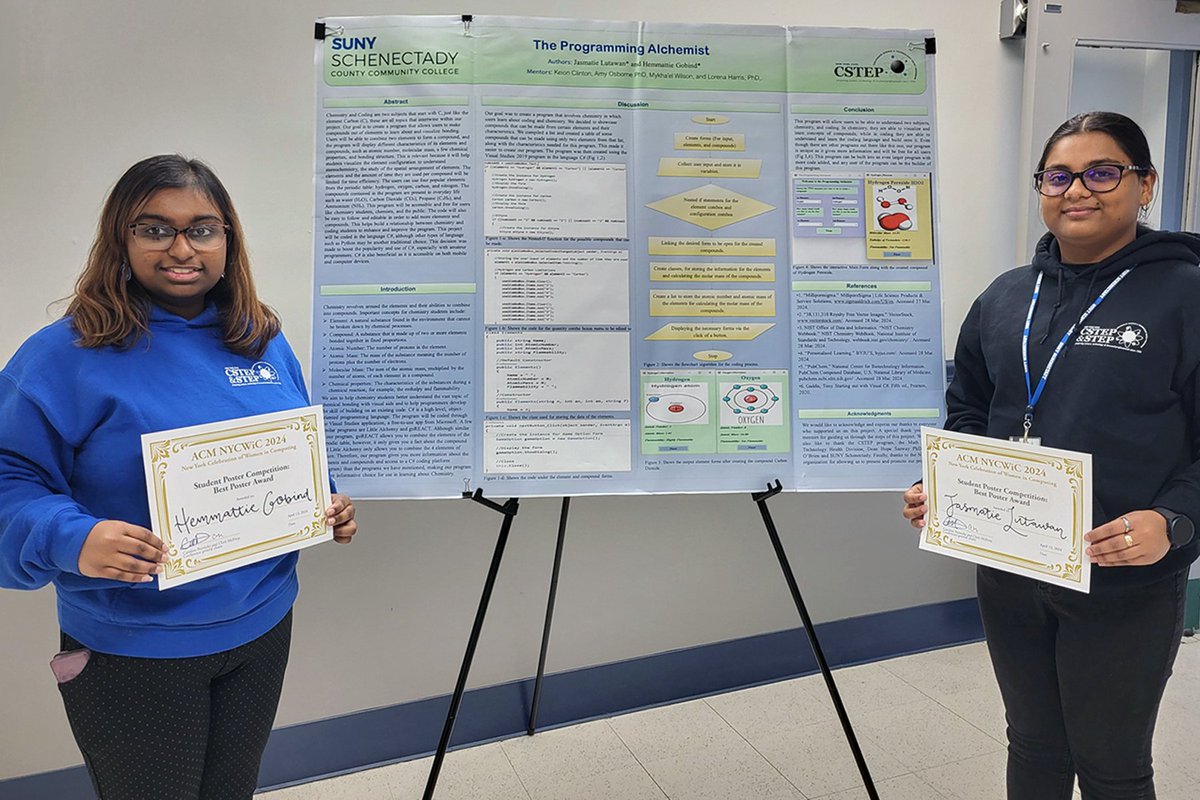 Congratulations to Hemmattie Gobind, Math/Science major & Jasmatie Lutawan, Computer Science major, who presented their poster “The Programming Alchemist” during the @NYC_WiC Celebration of Women in Computing. They were chosen for the Best Poster Award! #SUNYSchenectadyProud