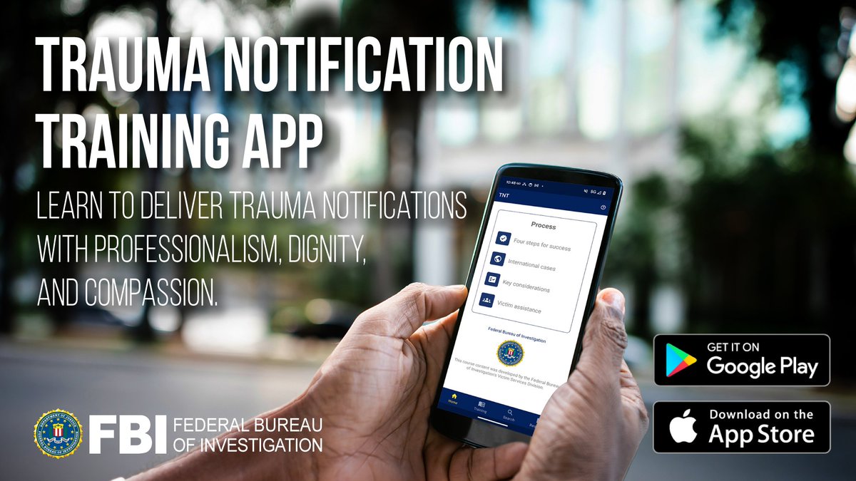 Explore how the #FBI transforms tragedy into compassion through Trauma Notification Training. The latest resources, including a mobile app, provide law enforcement with the tools to deliver trauma notifications with professionalism and empathy. Learn more: fbi.gov/news/apps/fbi-…