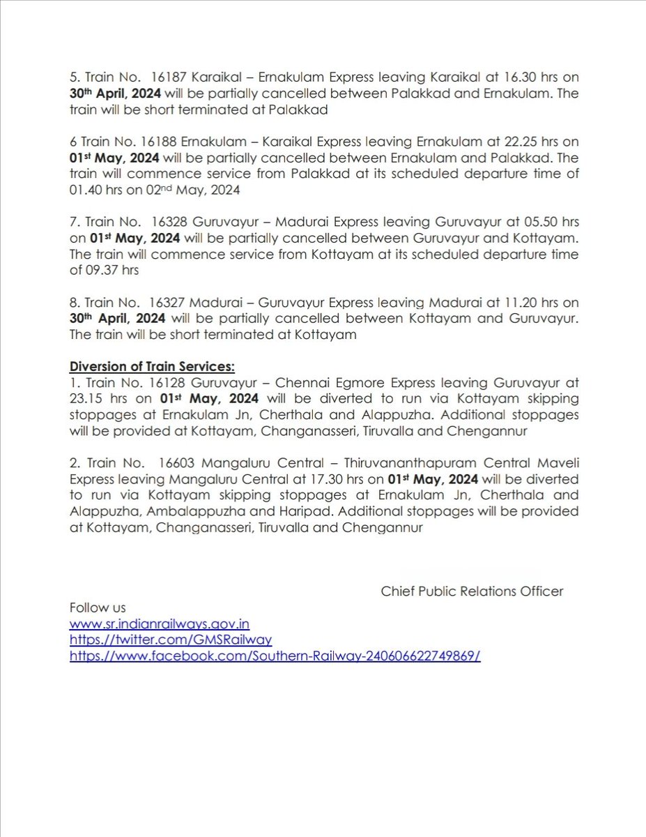 Change in the pattern of following #TrainServices due to Fixed time corridor block has been approved by the competent authority over
#Thiruvananthapuram Division.

Passengers, kindly take note and plan your journey.

#SouthernRailway #RailwayUpdate #RailwayAlert