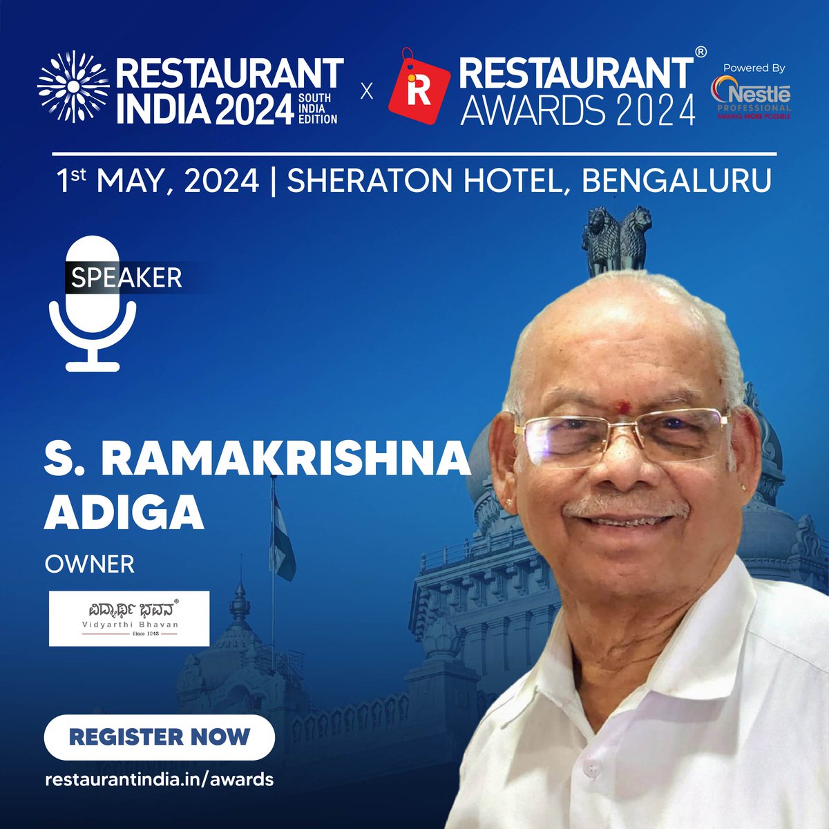 We are thrilled to announce S. Ramakrishna Adiga Owner of Vidyarthi Bhavan as a distinguished Speaker at Restaurant Awards 2024 South India Edition! 1st May 2024, Hotel Sheraton Grand, Brigade Gateway, Bengaluru Register Now: rb.gy/k3q5yf #RA2024 #FoodAndBeverage