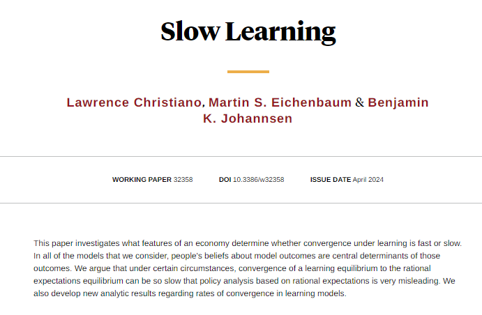 Under certain circumstances, convergence of a learning equilibrium to the rational expectations equilibrium can be so slow that policy analysis based on rational expectations is misleading, from Lawrence Christiano, @eichmartin, and Benjamin K. Johannsen nber.org/papers/w32358