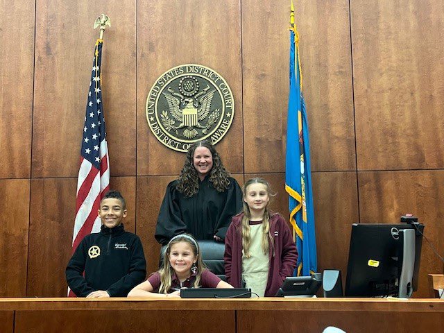 Trey Henderson (5th), Lilly Barber (4th) and Elizabeth Barber (2nd) participated in Take Your Kid to Work Day in the U.S. Courts District of Delaware on April 25th (also pictured Magistrate Judge Laura Hatcher). They represented CA very well! #takeyourchildtoworkday