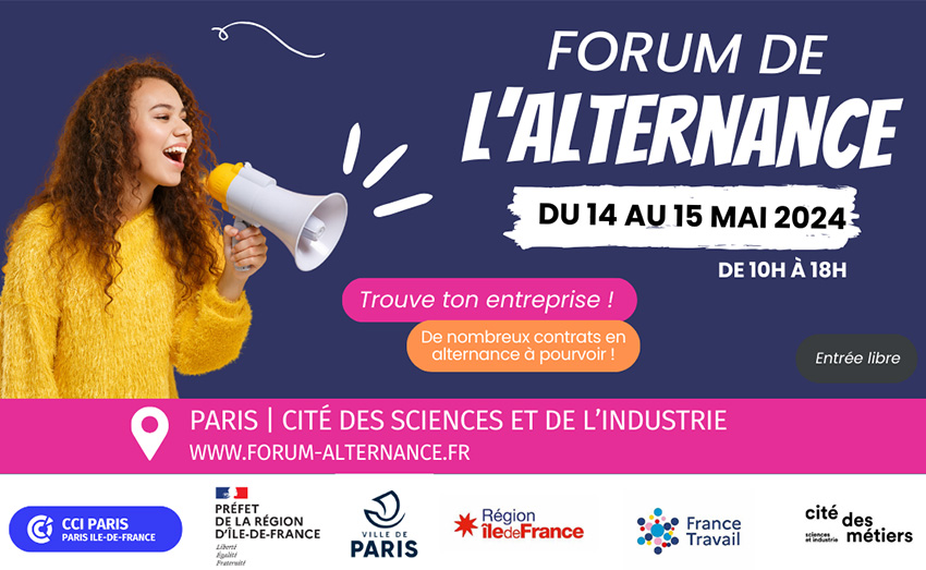 #Agenda - Forum de l'alternance @Ftravail_idf, @CCI_Paris_IdF, @Paris, @Armlidf, @iledefrance, la Cité des métiers de Paris et la DRIEETS organisent un forum pour promouvoir l'#alternance ➕ 100 exposants présents 📅 14 et 15 mai 📍 @citedessciences 👉 plmpl.fr/c/3Hy15