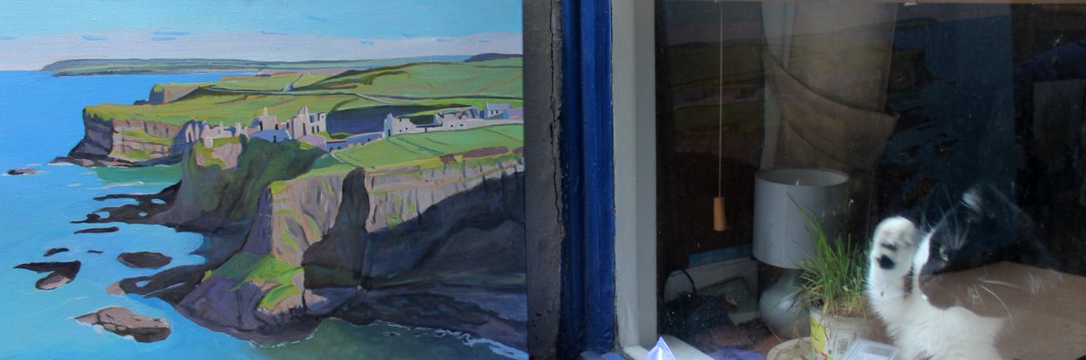 Spent today rephotographing some of my work , in the grey gloom + outside, with the assistance of Flossie, one of my cats! The best way to capture what a painting looks like.  Me standing beside the painting gives a good sense of scale too. #dunlucecastle #causewaycoast