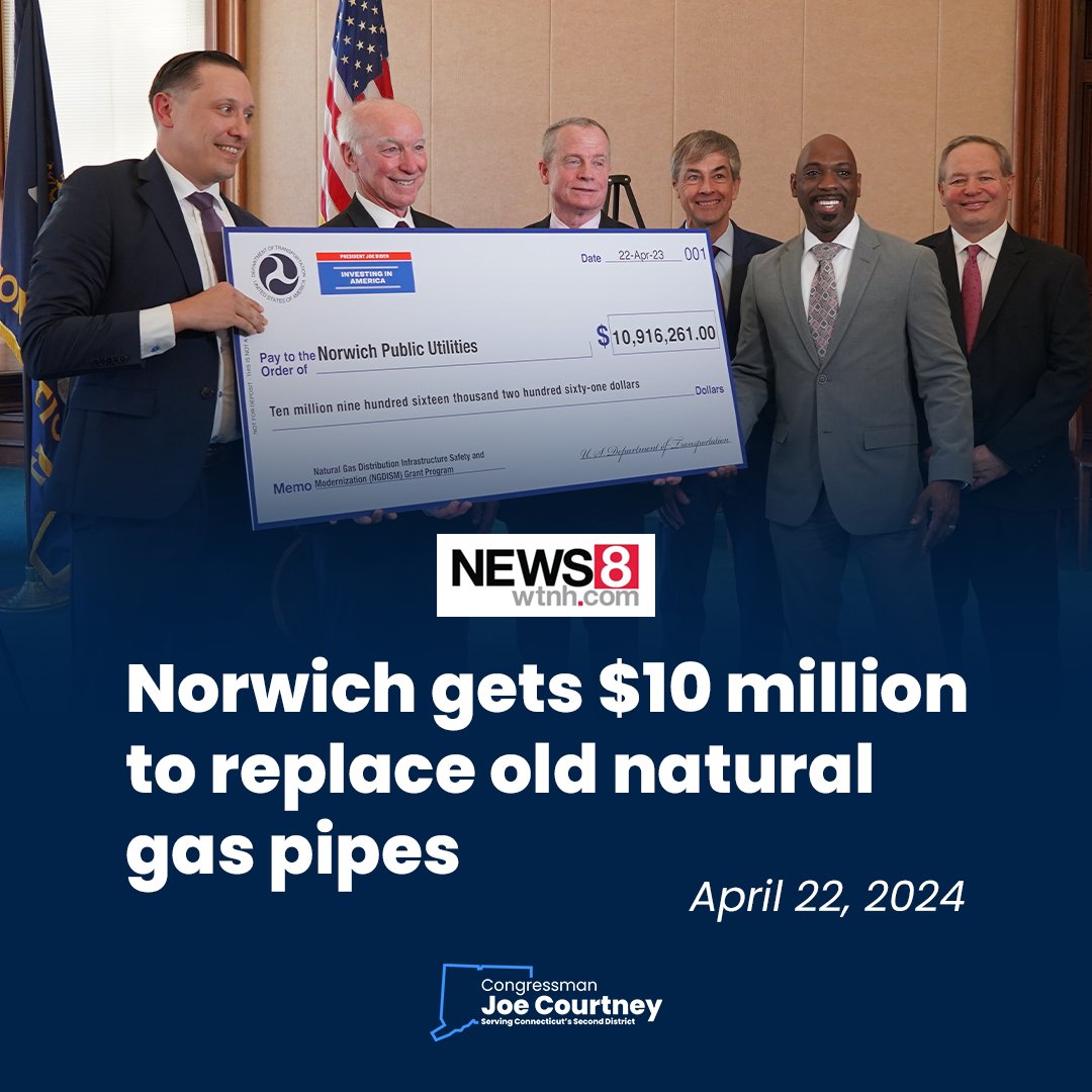 ICYMI: Norwich is set to receive a new $10.9 million Infrastructure Law grant to replace old, leaky gas pipelines. Thanks to federal funding, the original 25-year pipeline replacement timeline is now accelerated to five years. wtnh.com/video/norwich-…