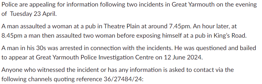 Call for witnesses - Theatre Plain & King's Road 
#GreatYarmouth 7.45pm-8.45pm 

#assault #MVAWG #IndecentExposure