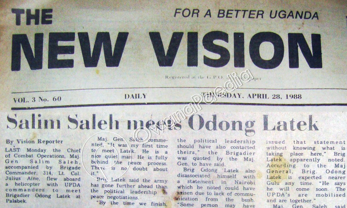 SALEH, LATEK SEEK PEACE The historic palaver btn Gen Saleh & UPDA's Brig Latek at Palabek, 25 April 1988 led to the Pece Peace Accord of 3 June 1988, but many said Saleh had done a suicide mission! Late Col Angelo Okello signed it with Gen M7 as Gen Latek had fled back to Sudan.