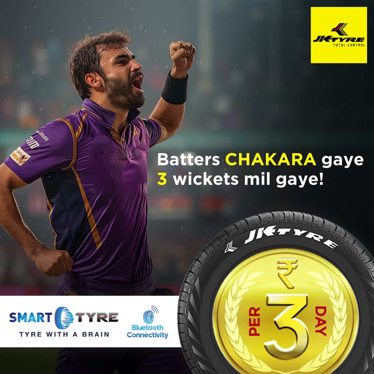Bowling so smart, it swept apart the opposition, just like a ride with #TyreWithABrain Check out #SmartTyre from JK Tyre at ₹3/day to connect via Bluetooth and get tyre health updates in real-time. #JKTyre #IndianT20League #Kolkata #Delhi