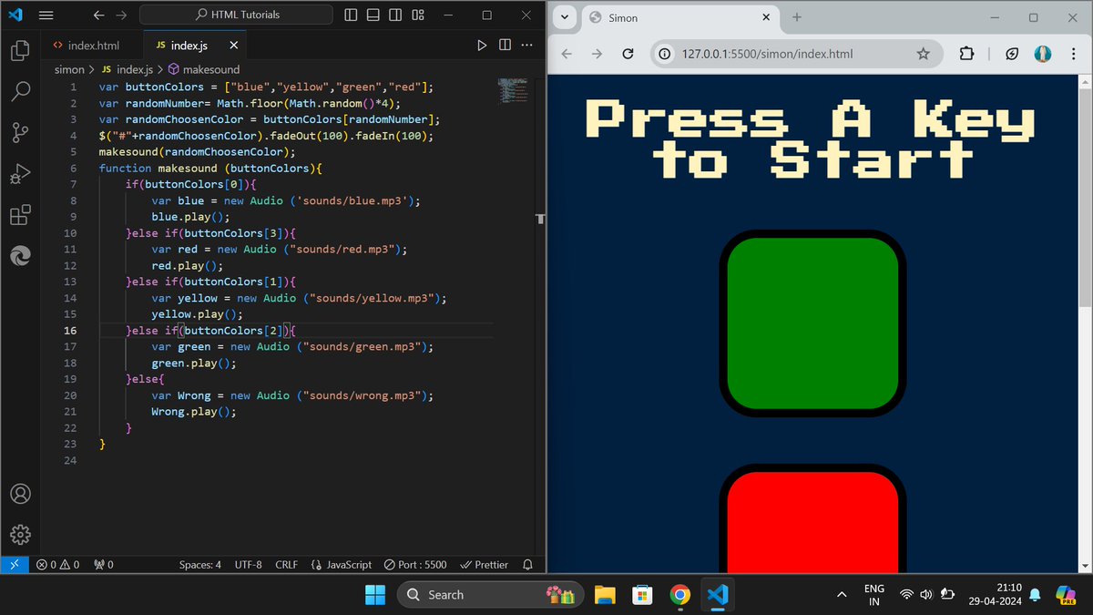 Day 13 of #100daysofcoding: working on a jquery project simon game 30% done.