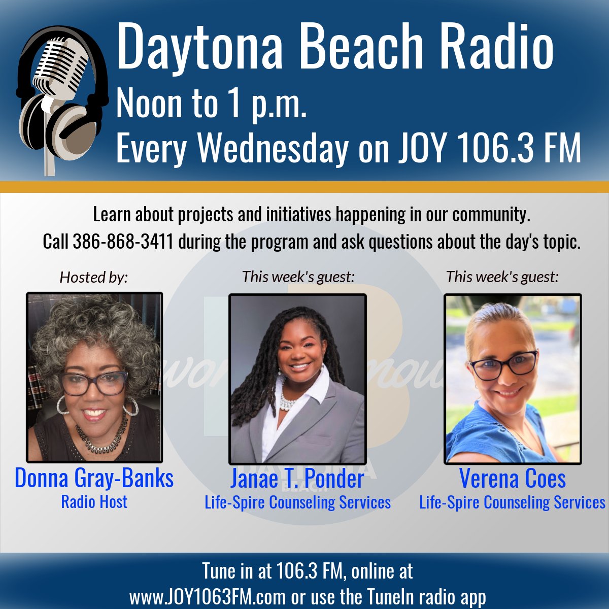 Tune in at noon this Wednesday to #DaytonaBeachRadio for a discussion with Janae T. Ponder and Verena Coes from Life-Spire Counseling Services. Call in with questions or comments at (386) 868-3411. #CityDaytonaBeach #DaytonaBeachNews