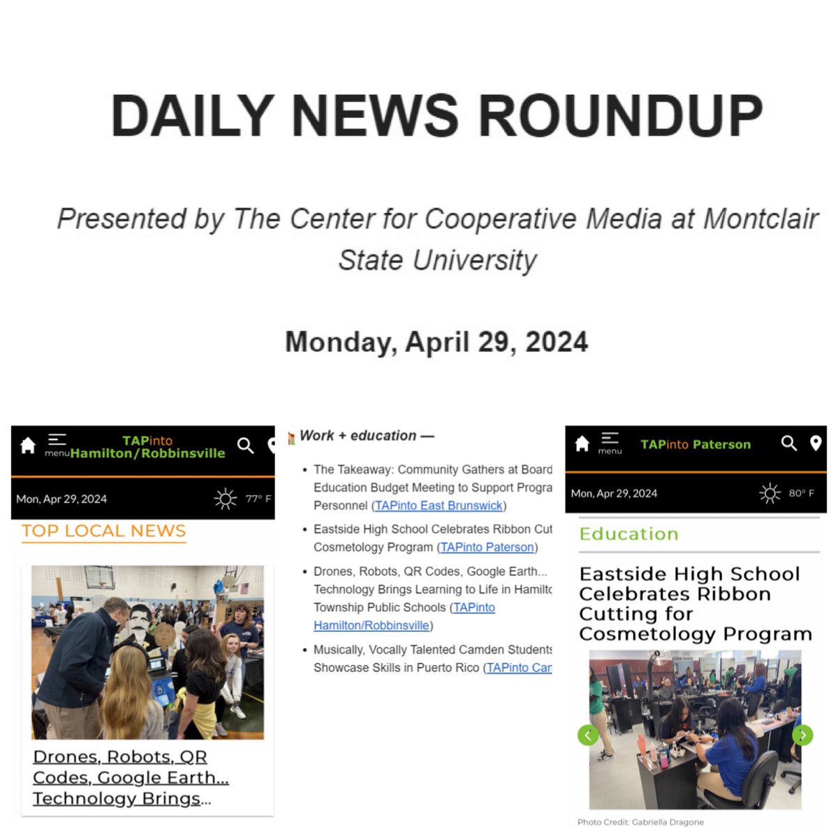Proud to have two stories included in today’s Daily News Roundup by @CenterCoopMedia- and to be sitting alongside two others from the growing @TAPintoLocal network! No outlet is covering #localnews, especially #education, in #NewJersey’s communities like @TAPintoLocal!
