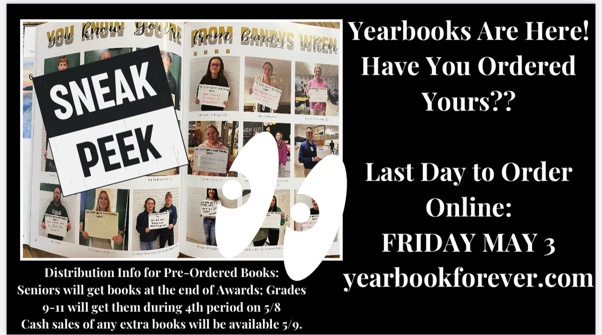 Yearbooks Are Here! Have you Ordered Yours?? Last Day to Order Online: Friday May 3, 2024 Go to Yearbookforever.com Seniors will get books at the end of Awards: Grades 9-11 will get them during 4th period on 5/8. Cash sales of any extra books will be available on 5/9.